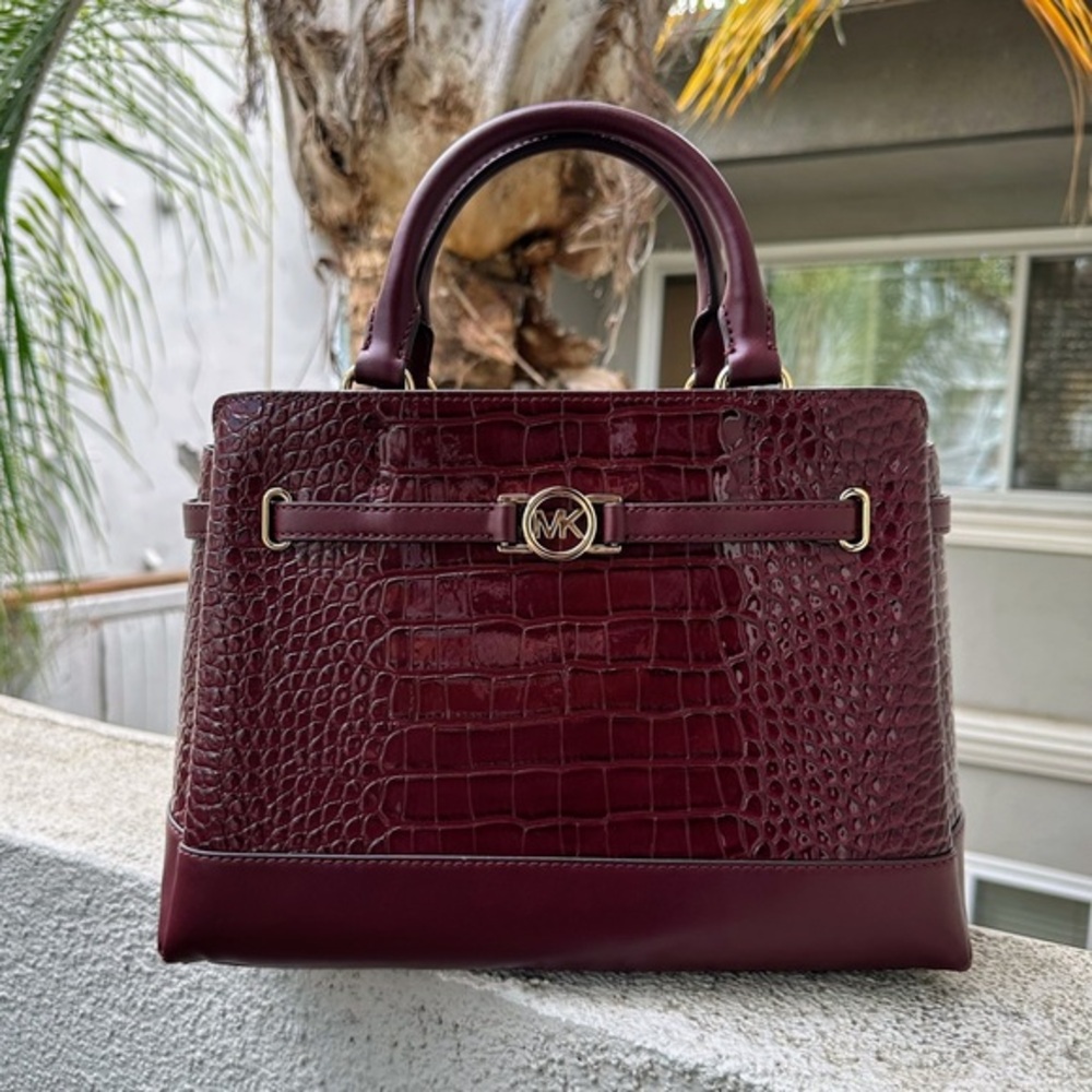 NWT MICHAEL MICHAEL KORS Reed Large Croc-Embossed Leather Belted Satchel Oxblood